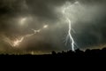 A forked lightning bolt strikes down on the Great Plains in Nebraska, USA. Royalty Free Stock Photo