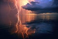 forked lightning strike reflecting on the ocean surface Royalty Free Stock Photo