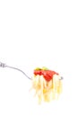 Forkful with succulent and tasty spaghetti with tomato sauce Royalty Free Stock Photo