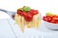 Forkful with succulent and tasty spaghetti with tomato sauce