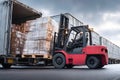 Forklift unloading cargo from a shipping container at a warehouse loading dock in a cloudy weather setting Royalty Free Stock Photo