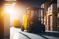 Forklift with box working in Warehouse industry. ai generative Royalty Free Stock Photo