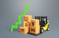 Forklift with boxes and green arrow up. Economic recovery and increased trade and freight traffic. Increasing the cost of