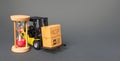 Forklift with boxes and hourglass. Urgent delivery of medicines and medical protective masks. Supply hospitals and populations to Royalty Free Stock Photo