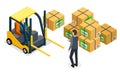 Forklift, car driver, man back view. Cardboard packing boxes, sealed parcels. Isometric image Royalty Free Stock Photo