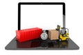 Forklift with Cardboard Boxes and Stopwatch over Laptop