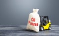 A forklift carries a bag with Oil futures. Trade and transportation of oil. Lack of storage space and oversupply. Low demand. Big