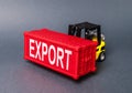 A forklift carries a red freight container labeled Export. concept transportation of goods and products, delivery, shipping