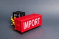 A forklift carries a red freight container labeled Import. The concept of import of goods, transport services and nodes. Cargo Royalty Free Stock Photo