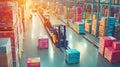 Forklift carrying boxes in busy warehouse with workers Royalty Free Stock Photo