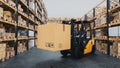 Forklift carrying cardboard boxes in warehouse