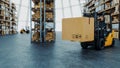 Forklift carrying cardboard boxes in warehouse