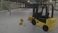 Forklift carrying stacks of crates with oranges in the warehouse