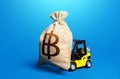 A forklift carrying a thai baht money bag. Borrowing on capital market. Strong financial assistance, business support. Investments