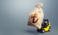 Forklift carrying a turkish lira money bag. Strongest financial assistance, business support. Stimulating economy. Anti-crisis