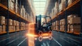 Robotic forklift doing storage in warehouse by artificial intelligence automation