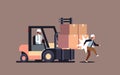 Forklift driver hitting colleague factory accident concept warehouse logistic transport driver dangerous injured worker Royalty Free Stock Photo