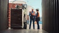 Forklift Driver Loading Shipping Cargo Container with Full Pallet with Boxes in Logistics Port