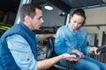 forklift driver and supervisor with at warehouse Royalty Free Stock Photo