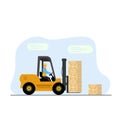 Forklift with driver. Forklift truck with man of driving. Fork lift with pallet on warehouse.