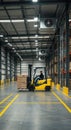 Forklift driver in warehouse boxes pallets industrial lighting Royalty Free Stock Photo