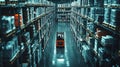 Forklift driving through a busy warehouse of goods Royalty Free Stock Photo