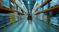 Forklift driving through a busy warehouse of goods Royalty Free Stock Photo
