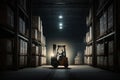 Forklift driving through warehouse with pallets on the floor and lights on. Generative AI Royalty Free Stock Photo