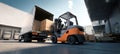 The forklift efficiently loads boxes into a delivery truck at a bustling warehouse. AI generated image Royalty Free Stock Photo