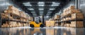 The forklift efficiently moves boxes in a spacious warehouse environment. AI generated image Royalty Free Stock Photo