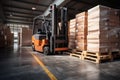 A forklift efficiently moves pallets in a well-organized warehouse setting, Forklift stuffing-unstuffing pallets of cargo to Royalty Free Stock Photo