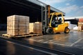 A forklift efficiently transports pallets in a warehouse, Forklift stuffing-unstuffing pallets of cargo to container on warehouse Royalty Free Stock Photo