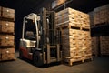 A forklift efficiently transports a stack of boxes within a busy warehouse, Forklift stuffing-unstuffing pallets of cargo to Royalty Free Stock Photo