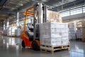 forklift expertly navigates a warehouse surrounded by neatly stacked boxes.