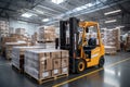 forklift expertly navigates a warehouse surrounded by neatly stacked boxes.