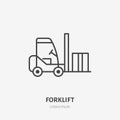 Forklift flat line icon. Fork lift loading box sign. Thin linear logo for cargo trucking, freight services