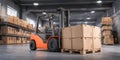 The forklift handling boxes in a spacious warehouse environment. AI generated image Royalty Free Stock Photo