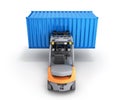 Forklift handling the cargo shipping container isolated on white background 3d render