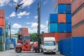 Forklift handling container box loading at docks with truck and Royalty Free Stock Photo