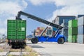 Forklift handling container box loading to freight train Royalty Free Stock Photo