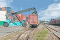 Forklift handling container box loading to freight train Royalty Free Stock Photo