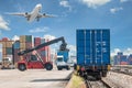 Forklift handling container box loading to freight train