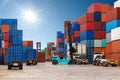 Forklift handling container box loading to truck Royalty Free Stock Photo