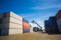 Forklift handling container box loading to truck in logistic zone Royalty Free Stock Photo