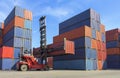 Forklift handling container box loading to truck in shipping yard with cargo container background Royalty Free Stock Photo