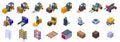 Forklift holding box icons set isometric vector. Warehouse worker Royalty Free Stock Photo