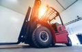 Forklift in a large industrial freezer warehouse. Royalty Free Stock Photo