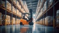 Forklift in the large modern warehouse, Large goods warehouse with shelves of pallet rack system storage Royalty Free Stock Photo
