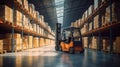 Forklift in the large modern warehouse, Large goods warehouse with shelves of pallet rack system storage Royalty Free Stock Photo