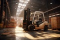 Forklift in a large warehouse with boxes. AI generative Royalty Free Stock Photo